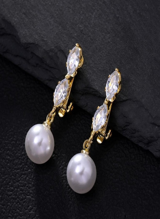 XSBODY Gold Pearl Clip on Earrings for Women Dangle Jewelry Elegant Small Cubic Zirconia Drop Earrings for Bridal Bridesmaid Wedding Jewelry Non Pierced - Image 4